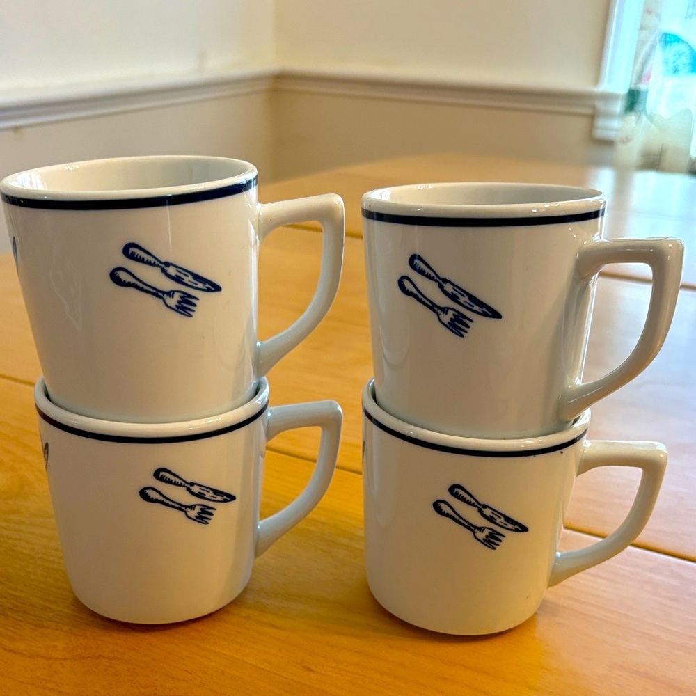 Rosanna Imports White Porcelain Mugs with Blue Trim and Cutlery Motif - Set of 4